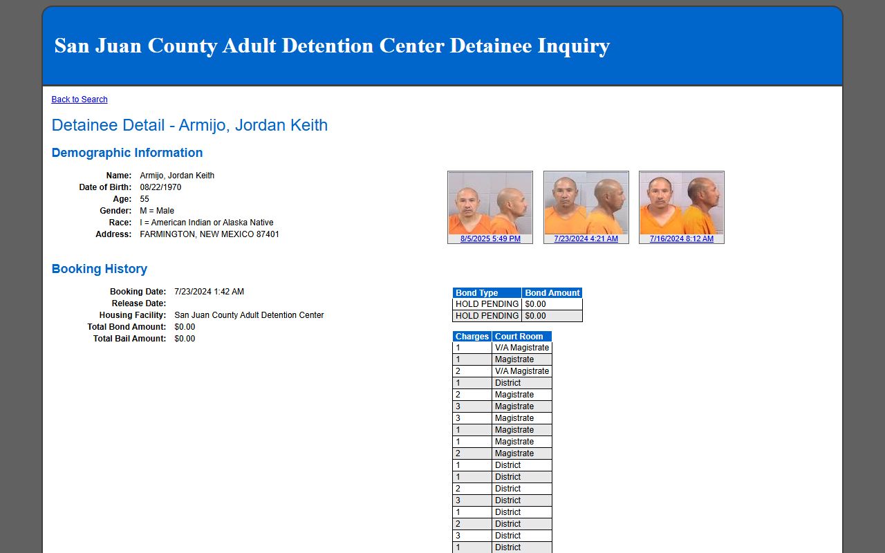 San Juan County inmate record sample detainee detail with mugshot and charge fields